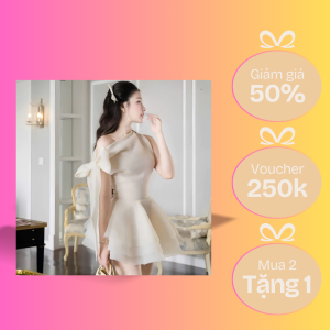 Váy tiểu thư dự tiệc sang trọng lệch vai thắt nơ không tay dáng xòe bồng tầng Đầm